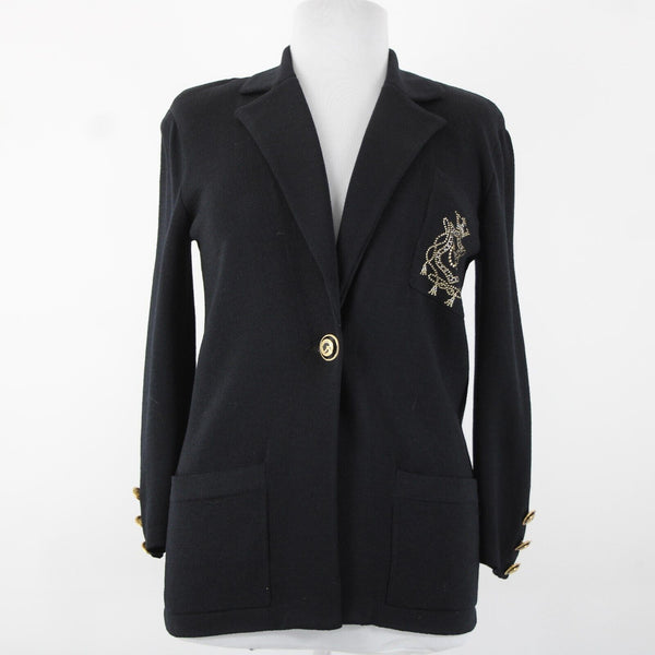 St John Sportswear Sz P Black Gold Collared Pockets Santana Knit Jacket