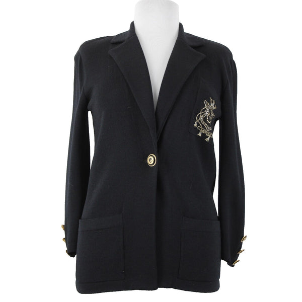 St John Sportswear Sz P Black Gold Collared Pockets Santana Knit Jacket