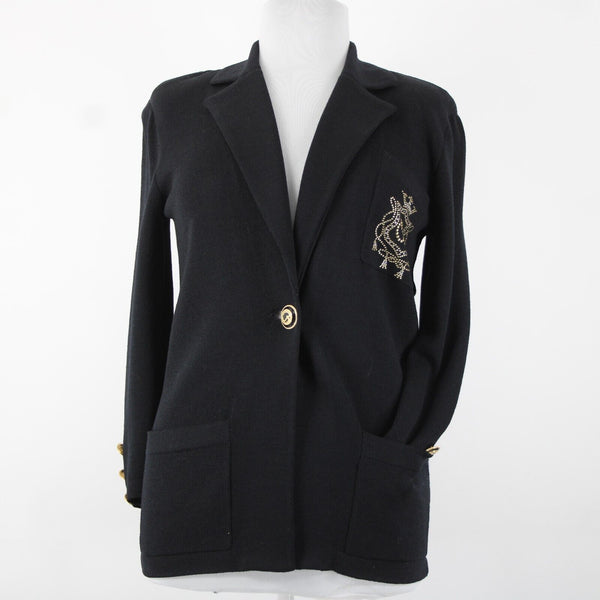 St John Sportswear Sz P Black Gold Collared Pockets Santana Knit Jacket