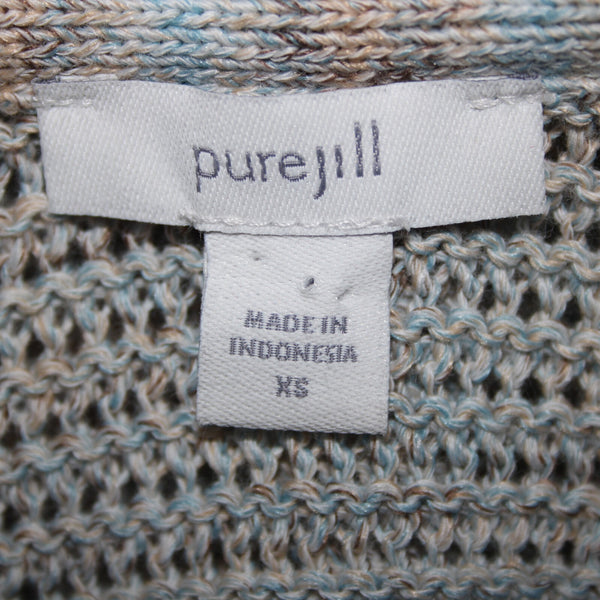 Pure Jill Sz XS Aqua Blue Tan Multi Crochet Knit Cotton Blend Cardigan Sweater