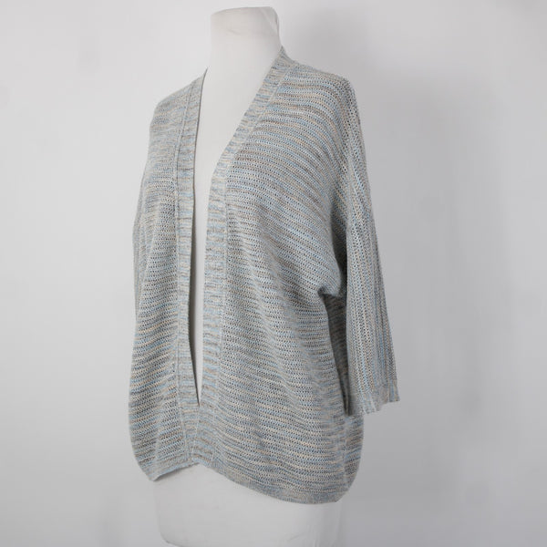 Pure Jill Sz XS Aqua Blue Tan Multi Crochet Knit Cotton Blend Cardigan Sweater