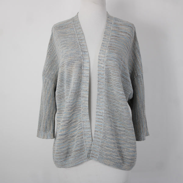 Pure Jill Sz XS Aqua Blue Tan Multi Crochet Knit Cotton Blend Cardigan Sweater