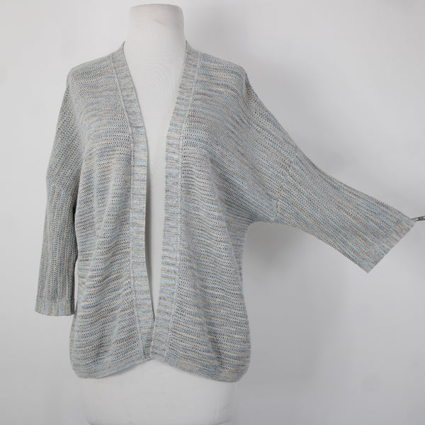 Pure Jill Sz XS Aqua Blue Tan Multi Crochet Knit Cotton Blend Cardigan Sweater