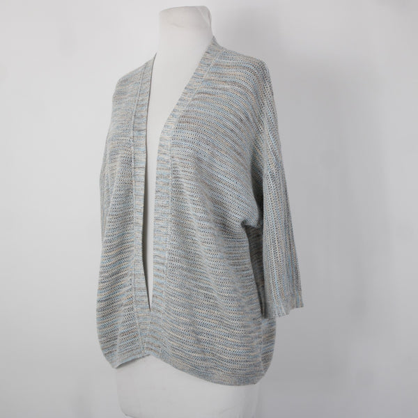 Pure Jill Sz XS Aqua Blue Tan Multi Crochet Knit Cotton Blend Cardigan Sweater