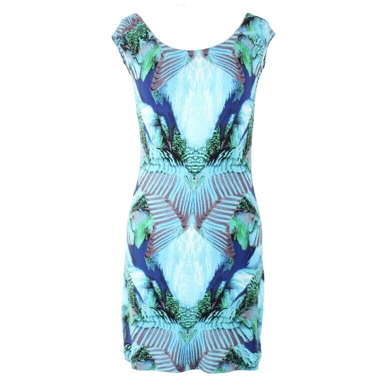 Tart Sz XS Blue Green Multi Modern Tropical Print Modal Blend Bodycon Dress