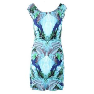 Tart Sz XS Blue Green Multi Modern Tropical Print Modal Blend Bodycon Dress