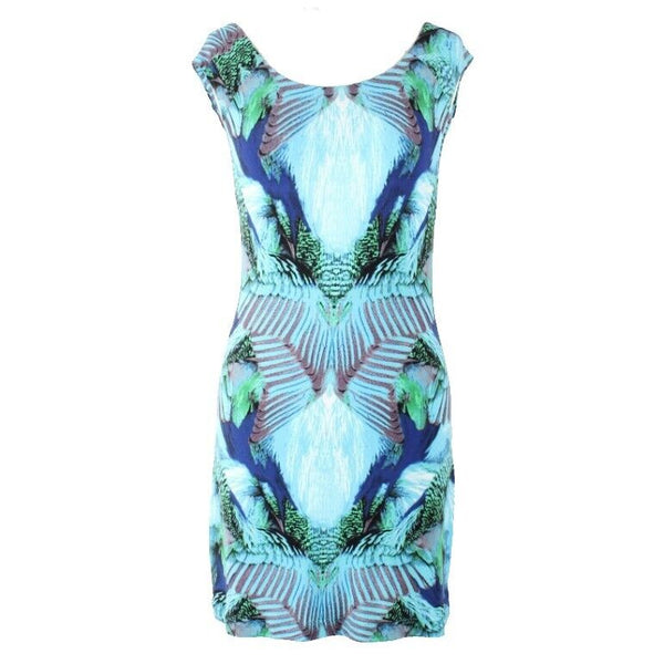 Tart Sz XS Blue Green Multi Modern Tropical Print Modal Blend Bodycon Dress