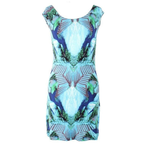 Tart Sz XS Blue Green Multi Modern Tropical Print Modal Blend Bodycon Dress
