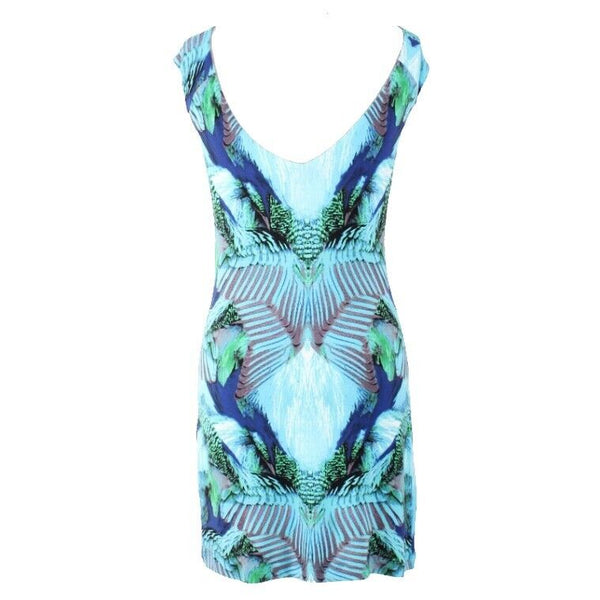 Tart Sz XS Blue Green Multi Modern Tropical Print Modal Blend Bodycon Dress