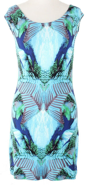 Tart Sz XS Blue Green Multi Modern Tropical Print Modal Blend Bodycon Dress