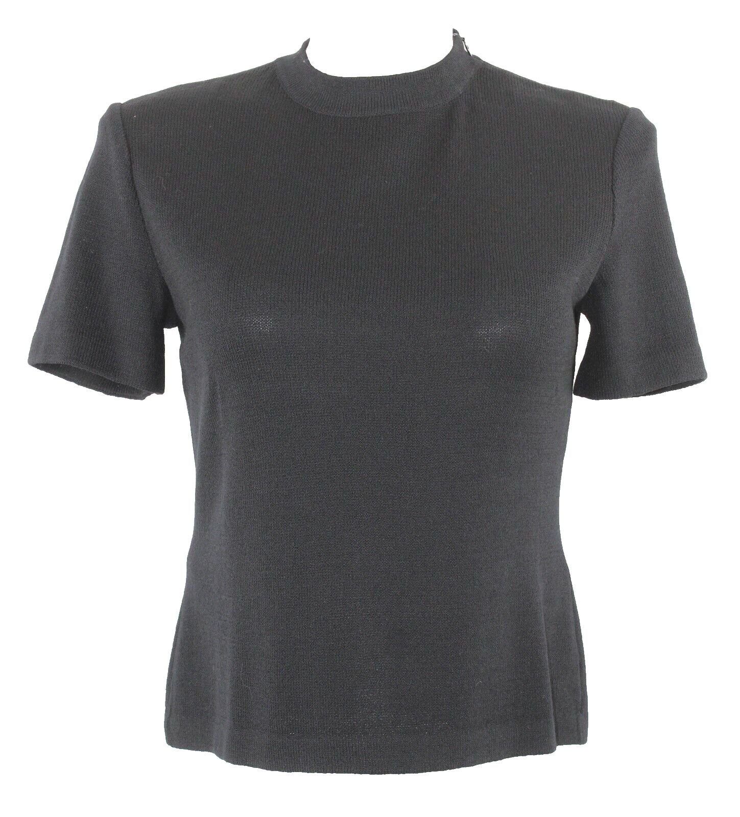 St John Sz M Black Zip Shoulder Short Sleeve Santana Knit Wool Blend Top
