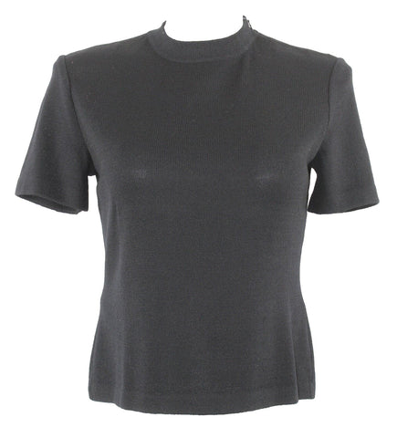 St John Sz M Black Zip Shoulder Short Sleeve Santana Knit Wool Blend Top