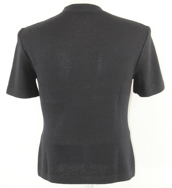 St John Sz M Black Zip Shoulder Short Sleeve Santana Knit Wool Blend Top