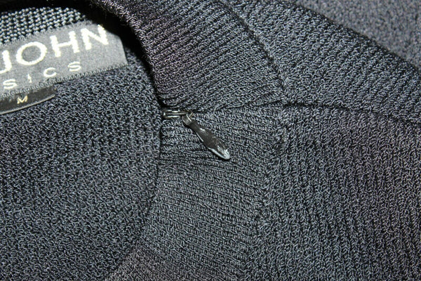 St John Sz M Black Zip Shoulder Short Sleeve Santana Knit Wool Blend Top