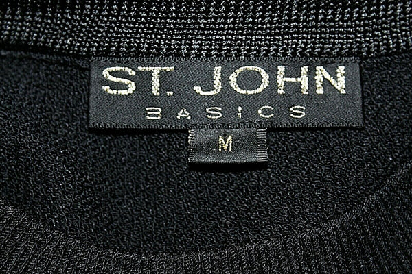 St John Sz M Black Zip Shoulder Short Sleeve Santana Knit Wool Blend Top