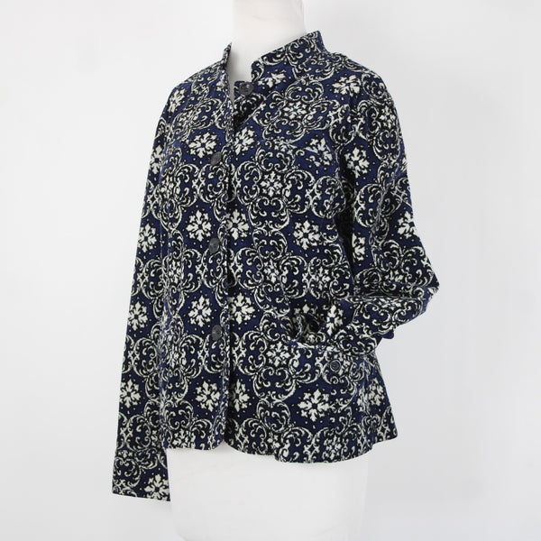 Charter Club Sz L Navy Cream Black Fine Wale Cotton Blend Corduroy Button Jacket