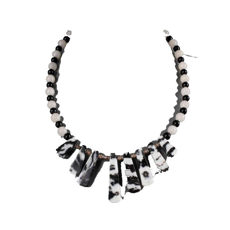 Sterling Silver 925 18" Ext 2" Black White Beaded Snowflake Obsidian Necklace