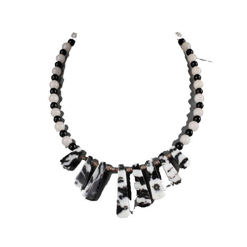 Sterling Silver 925 18" Ext 2" Black White Beaded Snowflake Obsidian Necklace
