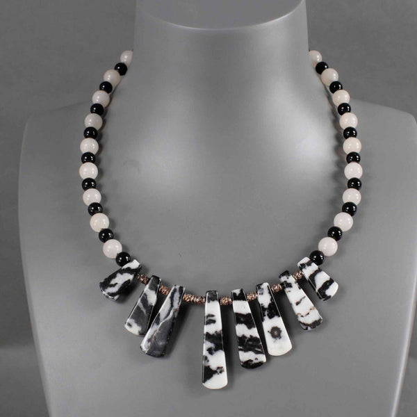 Sterling Silver 925 18" Ext 2" Black White Beaded Snowflake Obsidian Necklace