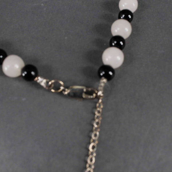 Sterling Silver 925 18" Ext 2" Black White Beaded Snowflake Obsidian Necklace