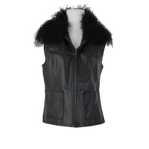 Lisa International Sz M Black Removable Fur Collar Pockets 100% Leather Vest