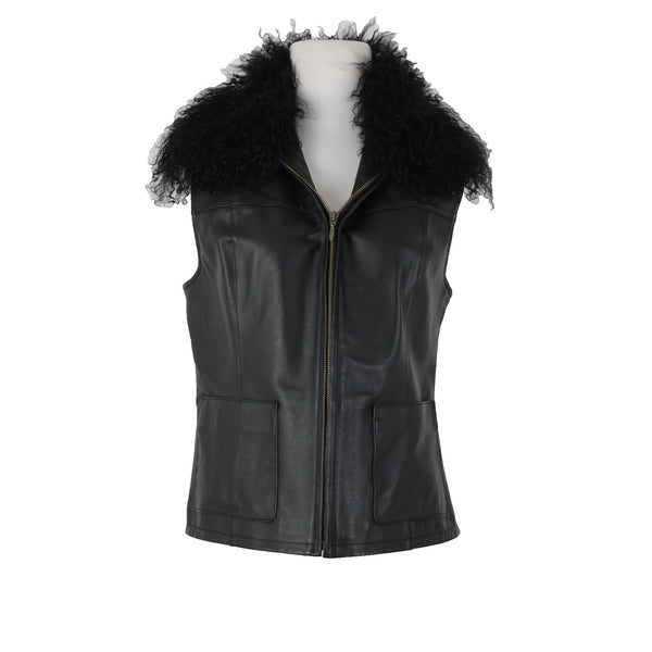 Lisa International Sz M Black Removable Fur Collar Pockets 100% Leather Vest