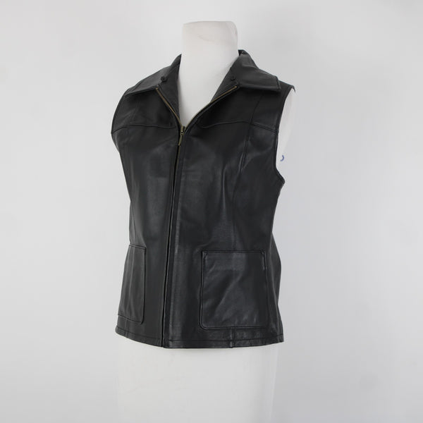 Lisa International Sz M Black Removable Fur Collar Pockets 100% Leather Vest