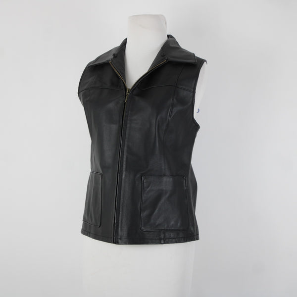 Lisa International Sz M Black Removable Fur Collar Pockets 100% Leather Vest