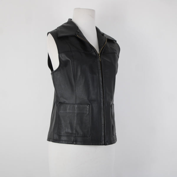Lisa International Sz M Black Removable Fur Collar Pockets 100% Leather Vest