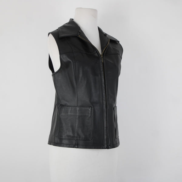 Lisa International Sz M Black Removable Fur Collar Pockets 100% Leather Vest