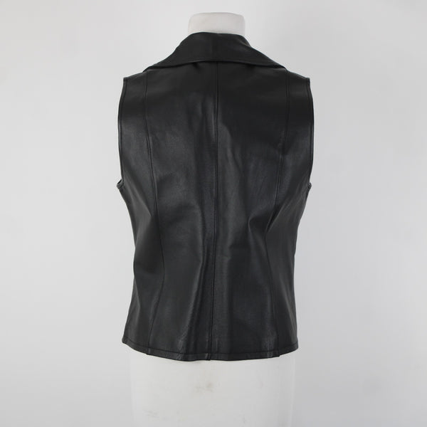 Lisa International Sz M Black Removable Fur Collar Pockets 100% Leather Vest