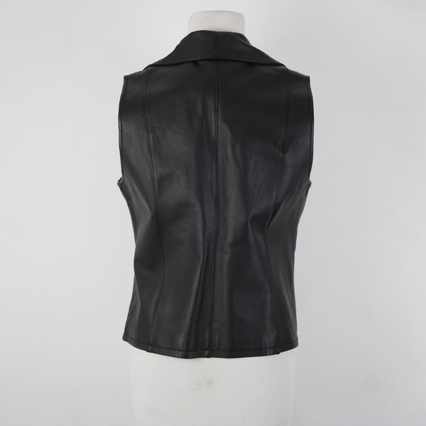 Lisa International Sz M Black Removable Fur Collar Pockets 100% Leather Vest