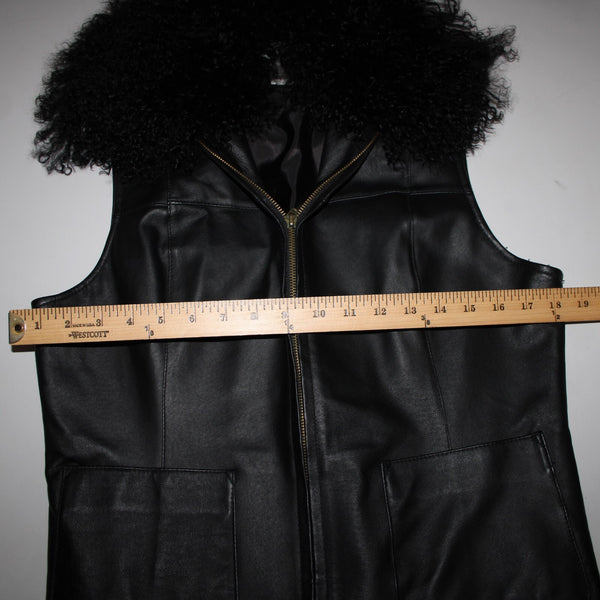 Lisa International Sz M Black Removable Fur Collar Pockets 100% Leather Vest
