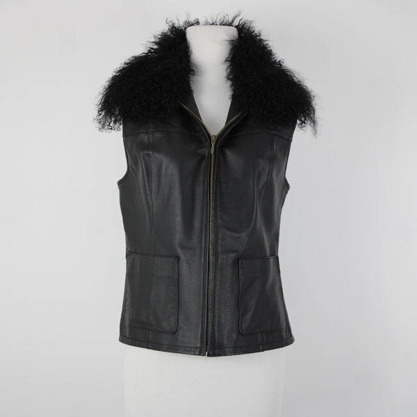 Lisa International Sz M Black Removable Fur Collar Pockets 100% Leather Vest
