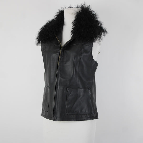 Lisa International Sz M Black Removable Fur Collar Pockets 100% Leather Vest