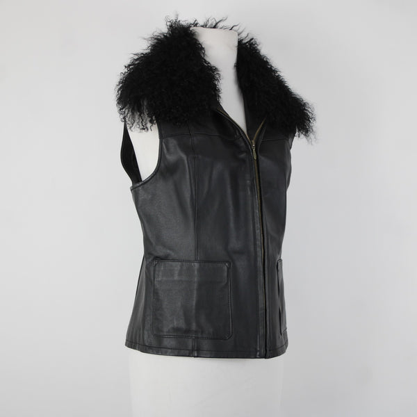 Lisa International Sz M Black Removable Fur Collar Pockets 100% Leather Vest