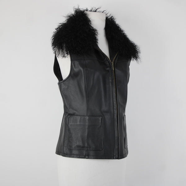Lisa International Sz M Black Removable Fur Collar Pockets 100% Leather Vest