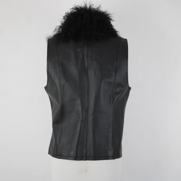 Lisa International Sz M Black Removable Fur Collar Pockets 100% Leather Vest