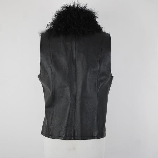 Lisa International Sz M Black Removable Fur Collar Pockets 100% Leather Vest