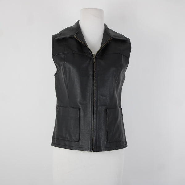 Lisa International Sz M Black Removable Fur Collar Pockets 100% Leather Vest