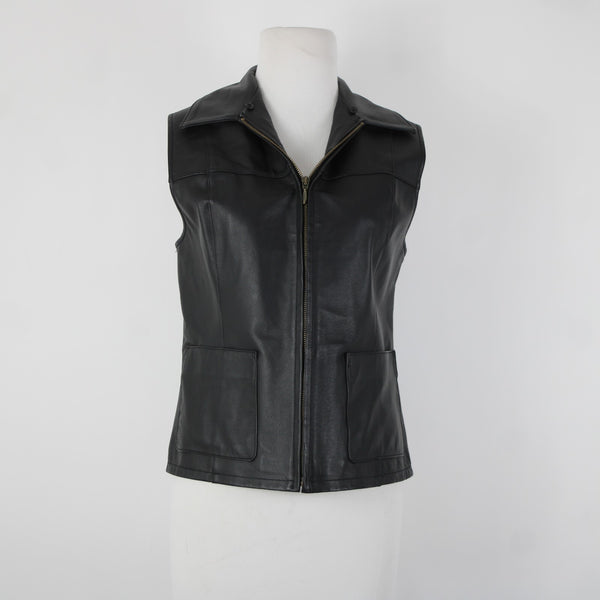 Lisa International Sz M Black Removable Fur Collar Pockets 100% Leather Vest