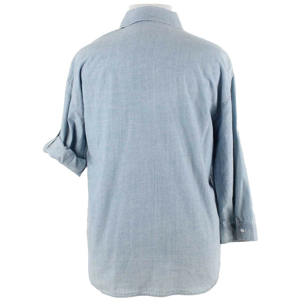 Hester & Orchard Sz L Blue White Roll Tab Sleeve Button Up 100% Cotton Shirt Top