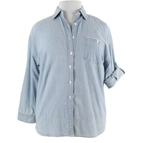 Hester & Orchard Sz L Blue White Roll Tab Sleeve Button Up 100% Cotton Shirt Top