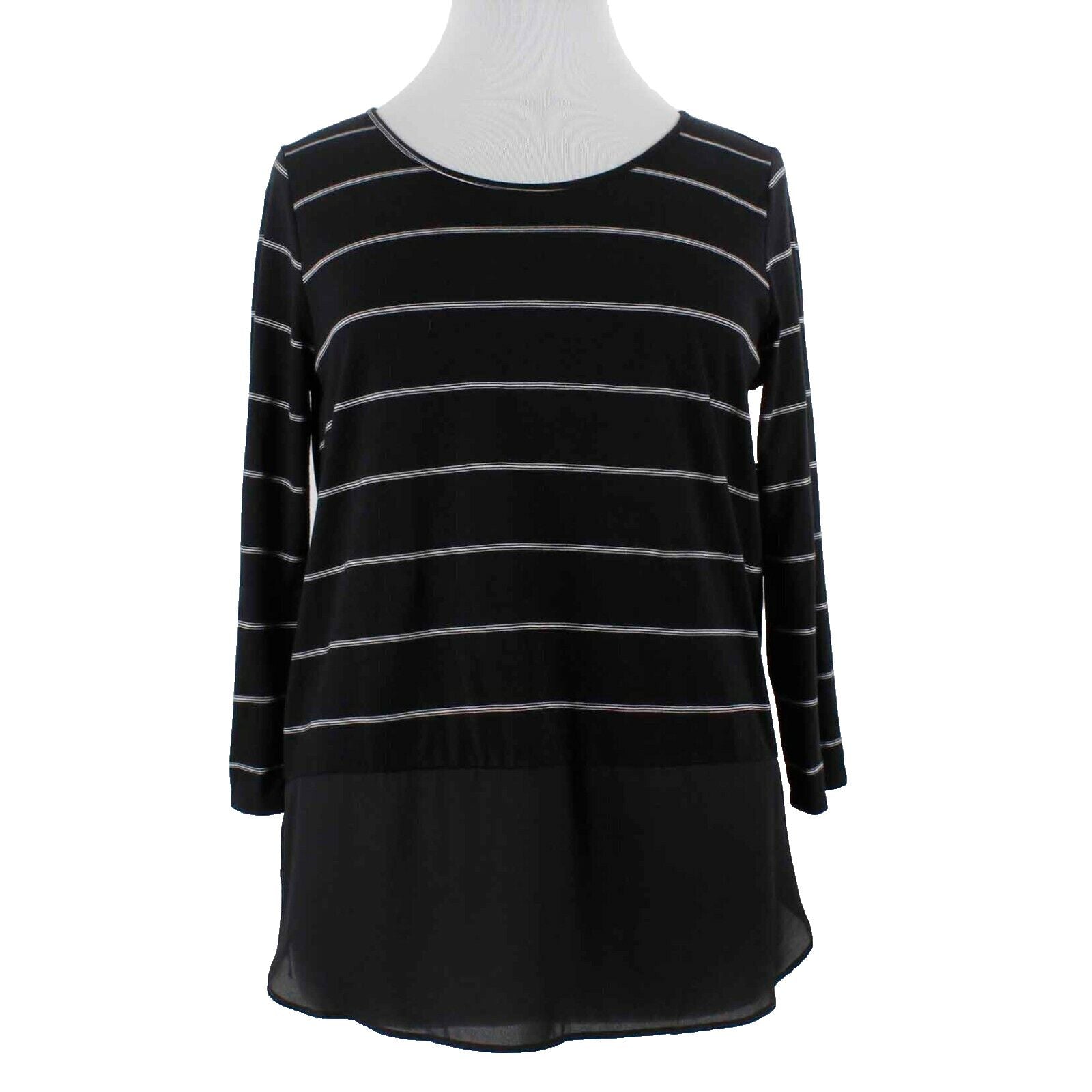 ANA NEW $26 Sz XL Black White Stripe Chiffon Peplum Rayon Poly Knit Top