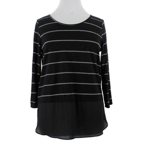 ANA NEW $26 Sz XL Black White Stripe Chiffon Peplum Rayon Poly Knit Top