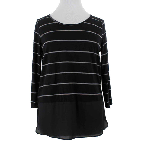 ANA NEW $26 Sz XL Black White Stripe Chiffon Peplum Rayon Poly Knit Top