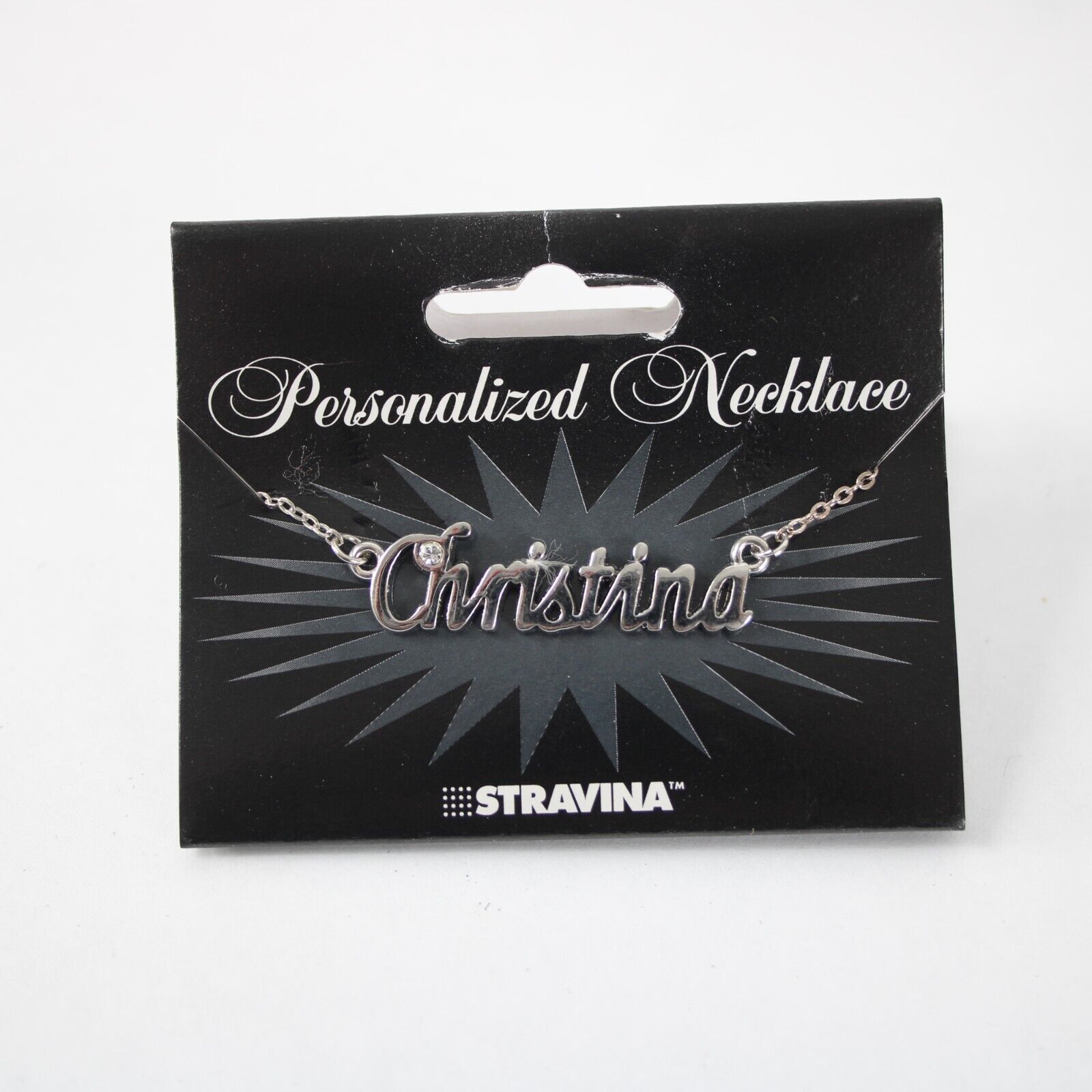 CHRISTINA Name Silvertone Rhinestone 14.5" w 4.5" Multi Ring Ext Necklace