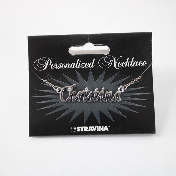 CHRISTINA Name Silvertone Rhinestone 14.5" w 4.5" Multi Ring Ext Necklace