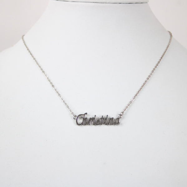 CHRISTINA Name Silvertone Rhinestone 14.5" w 4.5" Multi Ring Ext Necklace