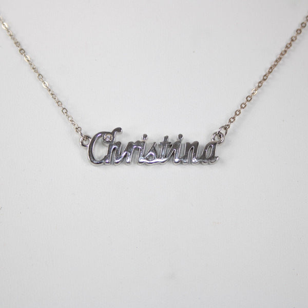 CHRISTINA Name Silvertone Rhinestone 14.5" w 4.5" Multi Ring Ext Necklace